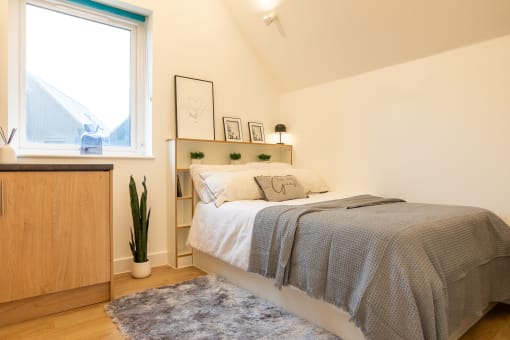 a bedroom with a bed and a window