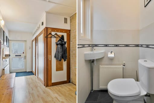 two views of a bathroom and a hallway with a toilet and a sink