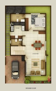 A floor plan of a house with a living room, dining room, kitchen, and a garage.