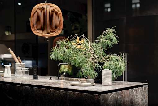 a counter with a plant and a lamp on it