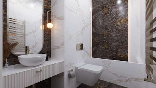 a bathroom with marble walls and a sink and a toilet