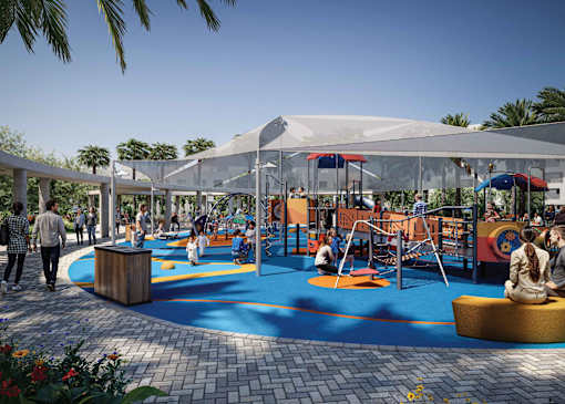 A playground with a blue surface and a white canopy.