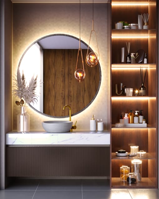 a bathroom with a round mirror and a sink and shelves