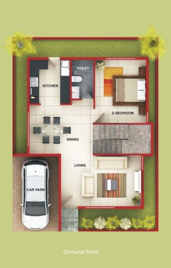 A floor plan of a house with a car parked in the garage.