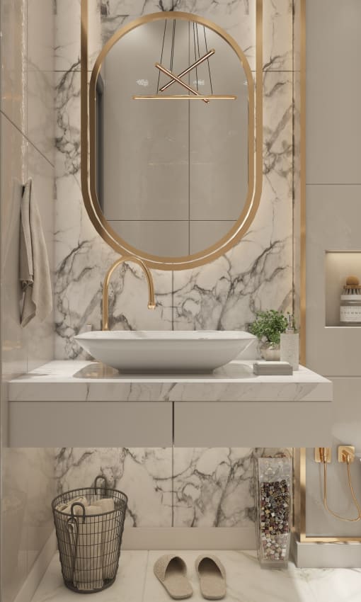 a bathroom with marble walls and a sink and a mirror