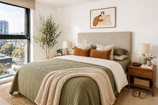 A bedroom with a large bed and a view of the city.