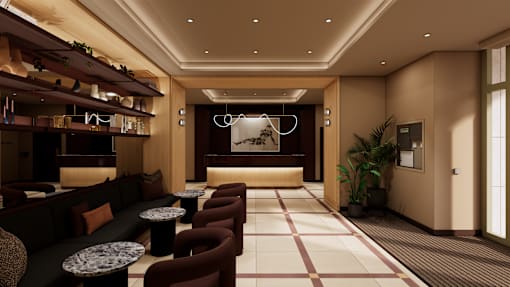 A modern lounge area with a long row of couches and a large artwork on the wall.