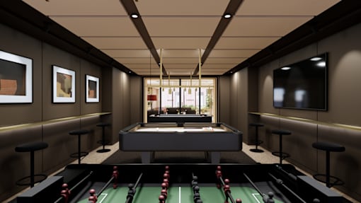 A billiards room with a pool table and a television.