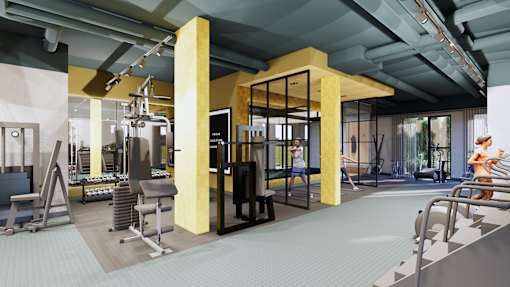 A gym with a variety of equipment including treadmills, weights, and exercise machines.