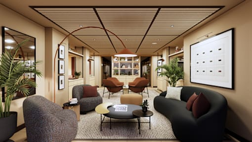 A modern living room with a variety of seating options and a large painting on the wall.