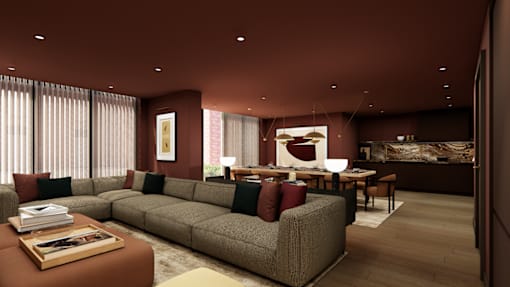 A living room with a brown sofa and a coffee table.