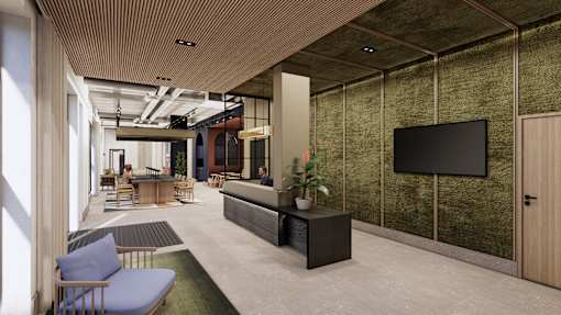 A modern living room with a flat screen TV mounted on the wall.