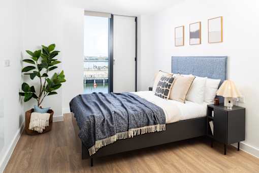 A bedroom with a bed, a lamp, a plant, and pictures on the wall.