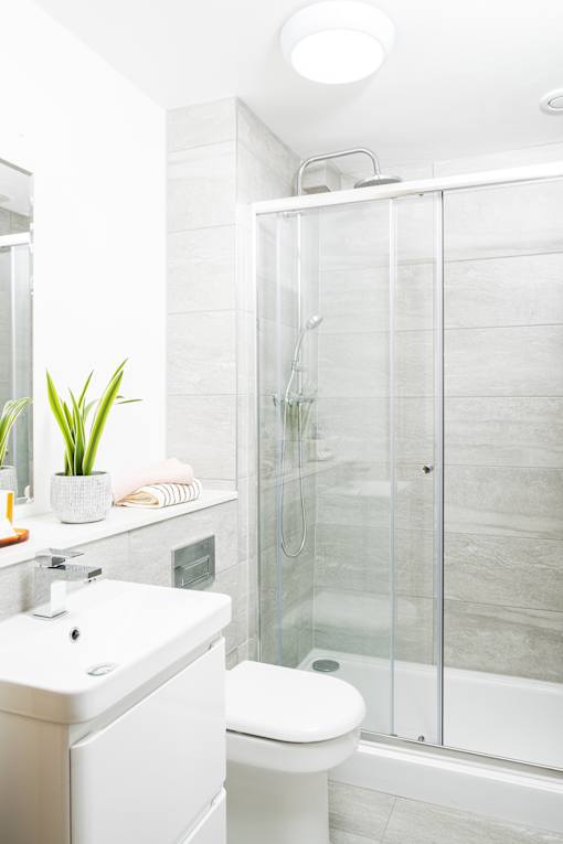 A white toilet sits next to a glass shower stall in a bathroom.