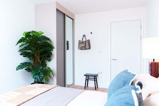 A bedroom with a bed, a plant, and a chair.
