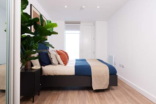 A bedroom with a bed, pillows, and a plant.