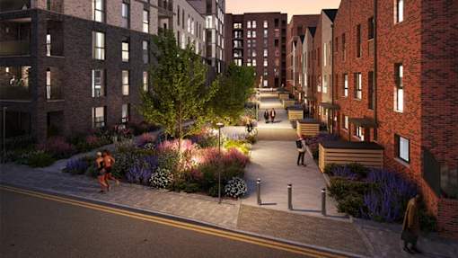 A street view of a residential area with people walking and a woman in a brown coat.