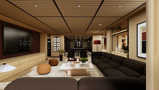 A modern living room with a brown sofa and a coffee table.