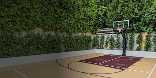 A basketball court with a net and a hoop is surrounded by greenery.