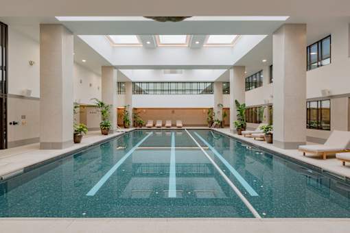 A large indoor swimming pool with lounge chairs and plants.
