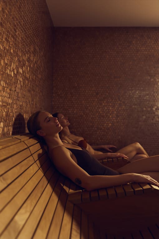Two women relaxing in a sauna.