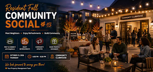 A poster advertises a community social event for residents of Resident Fall.
