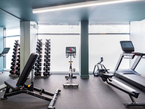 a gym with various machines and dumbbells in it