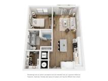 3D floor plan with 1 bedroom and open living space at LynnCora Apartments, Grand Prairie, Texas