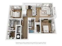 Two bedroom apartment 3D layout with balcony at LynnCora Apartments, Grand Prairie, TX