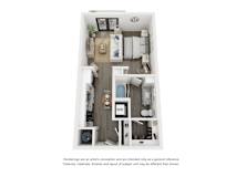 Studio apartment 3D floor plan with full kitchen at LynnCora Apartments, Grand Prairie