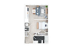 A top-down view of a house interior with a kitchen, living room, and bathroom.