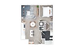 A top-down view of a room with a couch, a coffee table, and a TV.