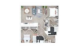 A top-down view of a room with a dining table, chairs, a couch, a bed, and a kitchen area.
