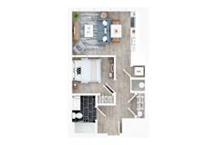A top-down view of a room with a kitchen, living room, and bathroom.