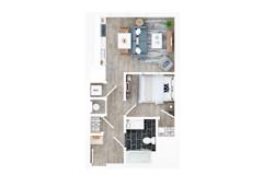A top-down view of a kitchen with a sink, stove, and refrigerator.