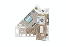 A floor plan of a house with a living room, kitchen, bathroom, and bedroom.