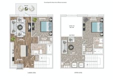 A floor plan of a two-level home with a patio and courtyard.