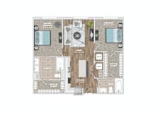 A floor plan of a house with a living room, dining room, kitchen, and bathrooms.