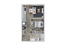 A top down view of a house with a kitchen, living room, and two bedrooms