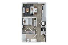 A top down view of a house layout with a kitchen, living room, and bedrooms.