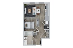 A top down view of a house layout with a kitchen, living room, and bathroom.