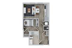 A top down view of a house with a kitchen, living room, and bathroom.