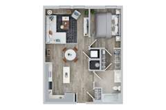 A top-down view of a small apartment layout with a kitchen, living room, and bathroom.