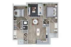 A top down view of a house interior with a kitchen, living room, and bathroom.