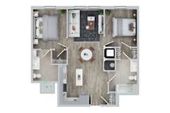 A top-down view of a well-organized apartment with a kitchen, living room, and bedrooms.