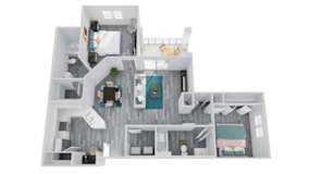 A white model of a house with a kitchen, living room, and bedrooms.