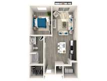 A top-down view of a small, neatly organized apartment with a bedroom, living room, and kitchen area.