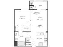 A floor plan of a small apartment with a bedroom, living room, kitchen, and bathroom.