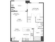 1 Bed 1 bath A Floor Plan | 729 Sq. Ft. at The Kitt at Warner Center Apartments, Woodland Hills