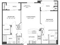 A floor plan of a home with two bedrooms, a living/dining area, a kitchen, two bathrooms, and two patios.